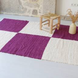 Large Ecru & Purple Rug, Cream Area Cotton Living Room Bedroom Kids Checkered Check Karoteppich - thumbnail 3