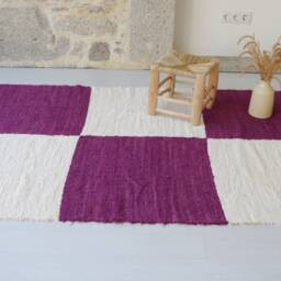 Large Ecru & Purple Rug, Cream Area Cotton Living Room Bedroom Kids Checkered Check Karoteppich - thumbnail 2