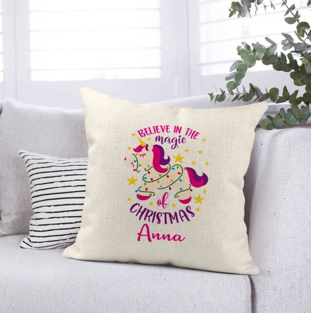 Christmas Unicorn Pillow Cover Personalized Linen Style Cushion - 40cm - image 1