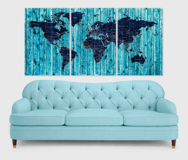 World Map Wall Decor, Push Pin Travel Map, Canvas, Wood Texture Navy Blue Home Gift, Office Decor - image 1