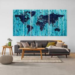 World Map Wall Decor, Push Pin Travel Map, Canvas, Wood Texture Navy Blue Home Gift, Office Decor - thumbnail 2