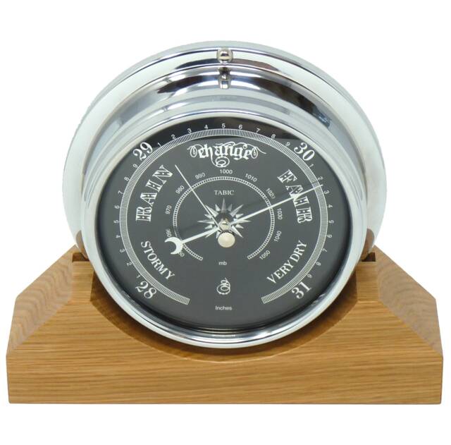Handmade Prestige Barometer in Chrome With Jet Black Dial Mounted On An English Oak Mantel/Display Mount - image 1