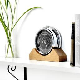 Handmade Prestige Barometer in Chrome With Jet Black Dial Mounted On An English Oak Mantel/Display Mount - thumbnail 2
