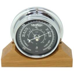 Handmade Prestige Barometer in Chrome With Jet Black Dial Mounted On An English Oak Mantel/Display Mount