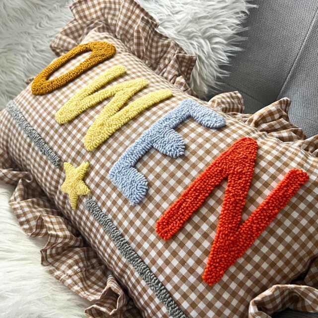 Custom Name Pillow For Boys, Brown Gingham Ruffle Pillow, Baby Gift, Nursery Decor, Personalized Toddler Room Accent, Gift - image 1
