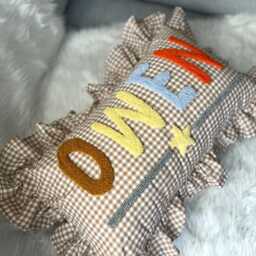 Custom Name Pillow For Boys, Brown Gingham Ruffle Pillow, Baby Gift, Nursery Decor, Personalized Toddler Room Accent, Gift - thumbnail 2