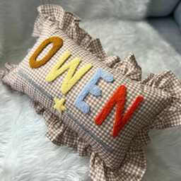 Custom Name Pillow For Boys, Brown Gingham Ruffle Pillow, Baby Gift, Nursery Decor, Personalized Toddler Room Accent, Gift - thumbnail 3