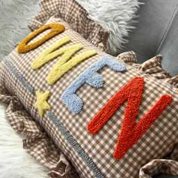Custom Name Pillow For Boys, Brown Gingham Ruffle Pillow, Baby Gift, Nursery Decor, Personalized Toddler Room Accent, Gift - thumbnail 1