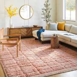 Moroccan Peach Berber Rug, Handwoven Wool Shag Rug With Rectangular Blocks, Authentic Beni Ourain Style Carpet, Large 9x12 Area - thumbnail 2