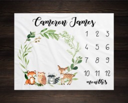 Woodland Milestone Blanket Monthly Growth Tracker Soft Fleece Fox Baby Shower Gift Newborn Watch Me Grow Boy - thumbnail 1