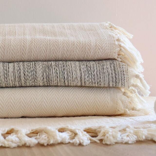 Herringbone Cotton Throw Blanket, Boho Picnic Summer Bedspread Queen King, Off White W Fringes, Oversize Large Blanket - image 1