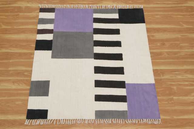 Purple & Black Cotton Hallway Runner Rug, Block Printed Kilim, Washable - 4x4, 7x7, 12x12 Ft - image 1