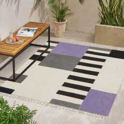 Purple & Black Cotton Hallway Runner Rug, Block Printed Kilim, Washable - 4x4, 7x7, 12x12 Ft - thumbnail 3