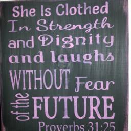 She Is Clothed in Strength & Dignity Distressed Wood Sign Bible Verse Wall Hanging Baby Nursery Decor Shower Gift Proverbs 3125 - thumbnail 2
