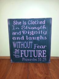 She Is Clothed in Strength & Dignity Distressed Wood Sign Bible Verse Wall Hanging Baby Nursery Decor Shower Gift Proverbs 3125