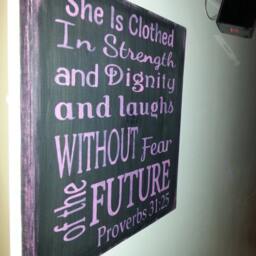 She Is Clothed in Strength & Dignity Distressed Wood Sign Bible Verse Wall Hanging Baby Nursery Decor Shower Gift Proverbs 3125 - thumbnail 3
