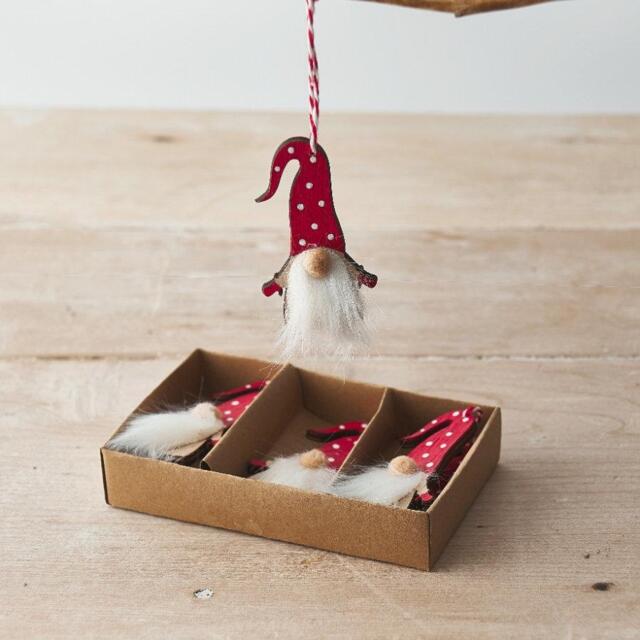 Set Of 6 Red Nordic Wooden Hanging Gonks Santa Christmas Tree Decorations - image 1