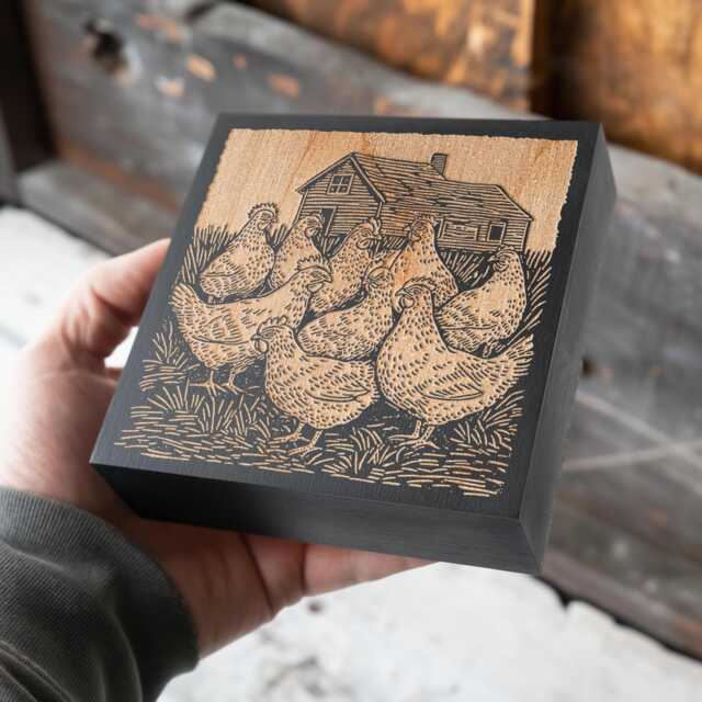 Chickens On A Farm Engraved Wood Wall Art Panel - Block Print Style Art, Illustration, Classic Country Decor, Farmhouse Decor Gift - image 1
