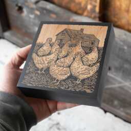 Chickens On A Farm Engraved Wood Wall Art Panel - Block Print Style Art, Illustration, Classic Country Decor, Farmhouse Decor Gift - thumbnail 1