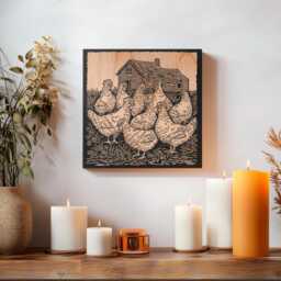 Chickens On A Farm Engraved Wood Wall Art Panel - Block Print Style Art, Illustration, Classic Country Decor, Farmhouse Decor Gift - thumbnail 3