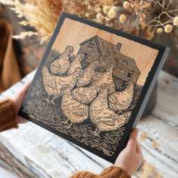 Chickens On A Farm Engraved Wood Wall Art Panel - Block Print Style Art, Illustration, Classic Country Decor, Farmhouse Decor Gift - thumbnail 2