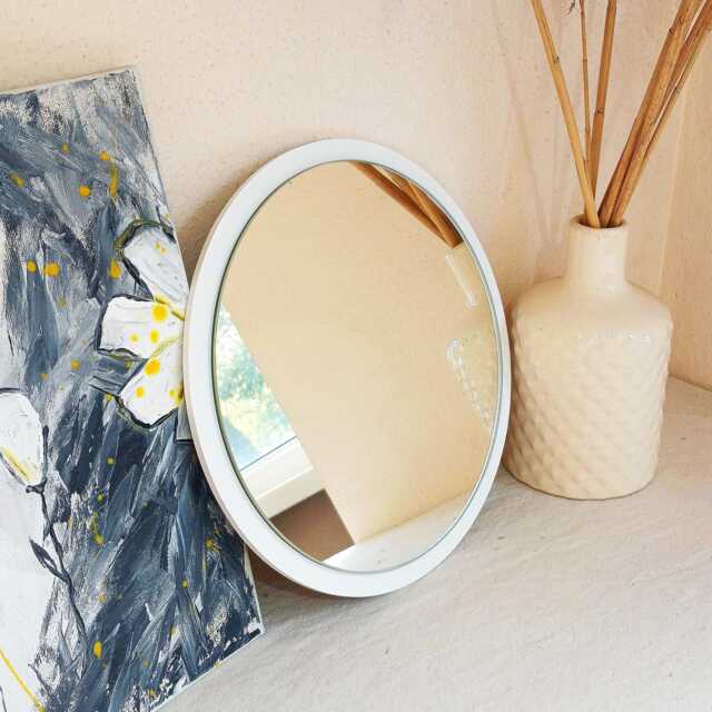White Round Wood Frame Mirror, Minimalist Aesthetic Decor - 11.8 Inch - image 1