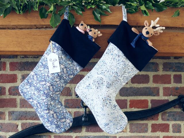 Navy Velvet Christmas Stocking Handmade With Liberty Fabrics Strawberry Thief & Adelajda Blue - image 1