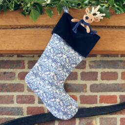 Navy Velvet Christmas Stocking Handmade With Liberty Fabrics Strawberry Thief & Adelajda Blue - thumbnail 2