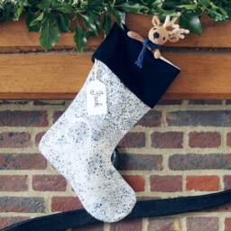 Navy Velvet Christmas Stocking Handmade With Liberty Fabrics Strawberry Thief & Adelajda Blue - thumbnail 3