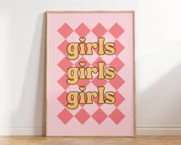 Girls Print - Girl Power Childrens Wall Art Kids Poster Playroom Bedroom Nursery Retro Checkerboard Pink Yellow Quotes Sisters - thumbnail 1