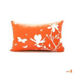 Orange Magnolia & Butterfly Pillow Silkscreened Cotton, 12x18 - thumbnail 1