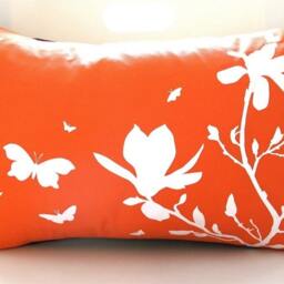Orange Magnolia & Butterfly Pillow Silkscreened Cotton, 12x18 - thumbnail 3
