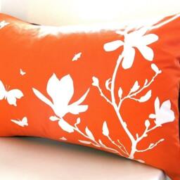 Orange Magnolia & Butterfly Pillow Silkscreened Cotton, 12x18 - thumbnail 2