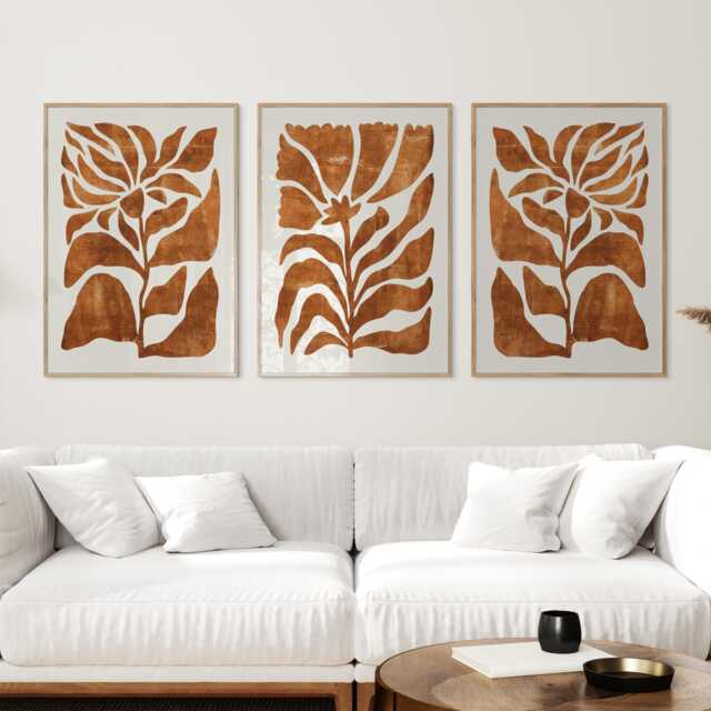 Set Of 3 Terracotta Botanical Prints - Abstract Leaf Wall Art Modern Organic Minimalist Posters For Kitchen, Living Room Or Bedroom - image 1