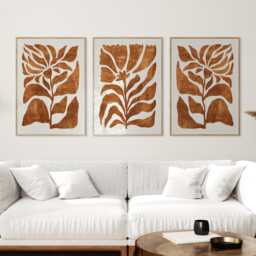 Set Of 3 Terracotta Botanical Prints - Abstract Leaf Wall Art Modern Organic Minimalist Posters For Kitchen, Living Room Or Bedroom - thumbnail 1
