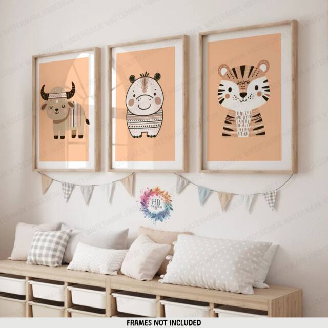Safari Nursery Wall Decor - Set Of 3 Boho Posters - Kids Playroom Art Cute Animal Designs Orange Coloured Prints Boys Girls Bedroom - image 1