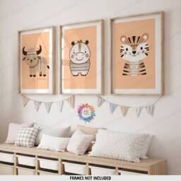 Safari Nursery Wall Decor - Set Of 3 Boho Posters - Kids Playroom Art Cute Animal Designs Orange Coloured Prints Boys Girls Bedroom - thumbnail 1