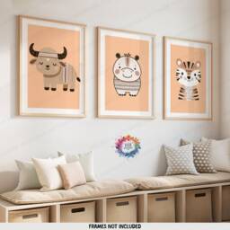 Safari Nursery Wall Decor - Set Of 3 Boho Posters - Kids Playroom Art Cute Animal Designs Orange Coloured Prints Boys Girls Bedroom - thumbnail 2