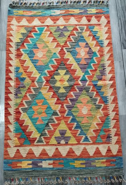 Multicolour Kilim Rug, Handmade Artisan Afghan Turkish Aztec Geometric Wool Rug 124x78 cm - image 1