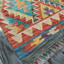 Multicolour Kilim Rug, Handmade Artisan Afghan Turkish Aztec Geometric Wool Rug 124x78 cm - thumbnail 2