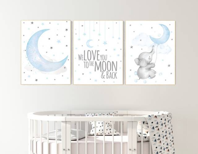 Elephant Nursery Decor Moon & Stars, Blue Gray Wall Art - image 1