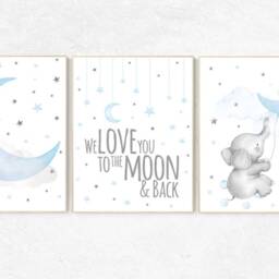 Elephant Nursery Decor Moon & Stars, Blue Gray Wall Art - thumbnail 2