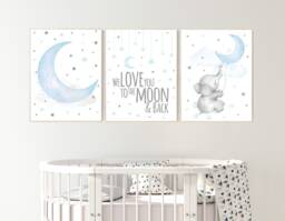 Elephant Nursery Decor Moon & Stars, Blue Gray Wall Art - thumbnail 1