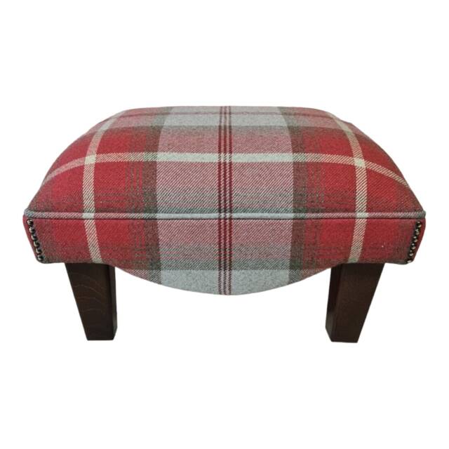 Footstool in Balmoral Cherry Tartan Fabric Standing On Mahogany Solid Wood Legs - image 1