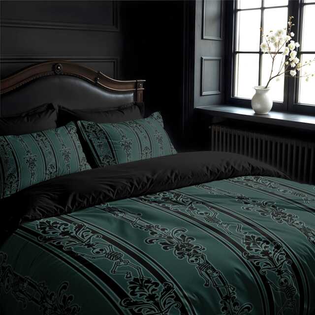 Dancing Skeleton Bedding Set, Gothic Baroque 3-Piece Duvet Cover & Pillowcases in Emerald Green, Spooky Victorian Maximalist Bedroom Decor - image 1
