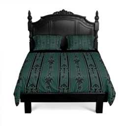 Dancing Skeleton Bedding Set, Gothic Baroque 3-Piece Duvet Cover & Pillowcases in Emerald Green, Spooky Victorian Maximalist Bedroom Decor - thumbnail 2
