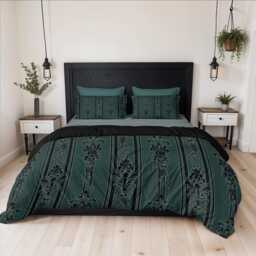 Dancing Skeleton Bedding Set, Gothic Baroque 3-Piece Duvet Cover & Pillowcases in Emerald Green, Spooky Victorian Maximalist Bedroom Decor - thumbnail 3