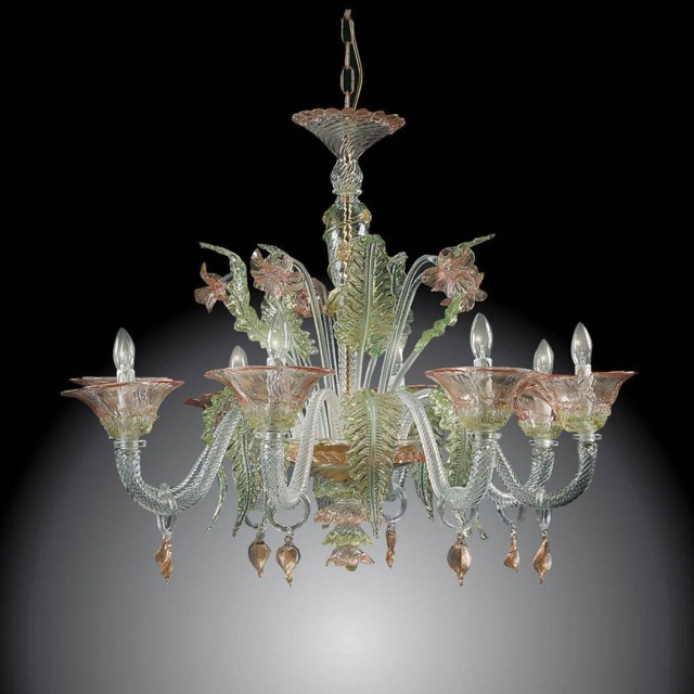 Elegant Murano Glass Chandelier 8 Light Green, Pink, Gold & Crystal