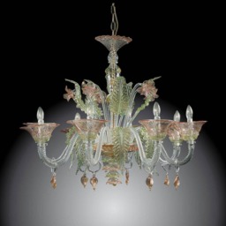 Elegant Murano Glass Chandelier 8 Light Green, Pink, Gold & Crystal