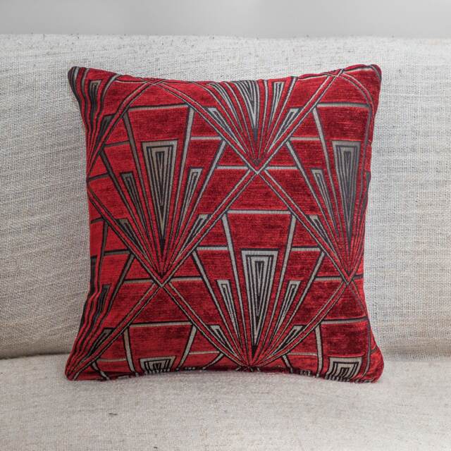 "Art Deco Cushion. Luxury Velvet Chenille. Silver & Red. 17""x17"